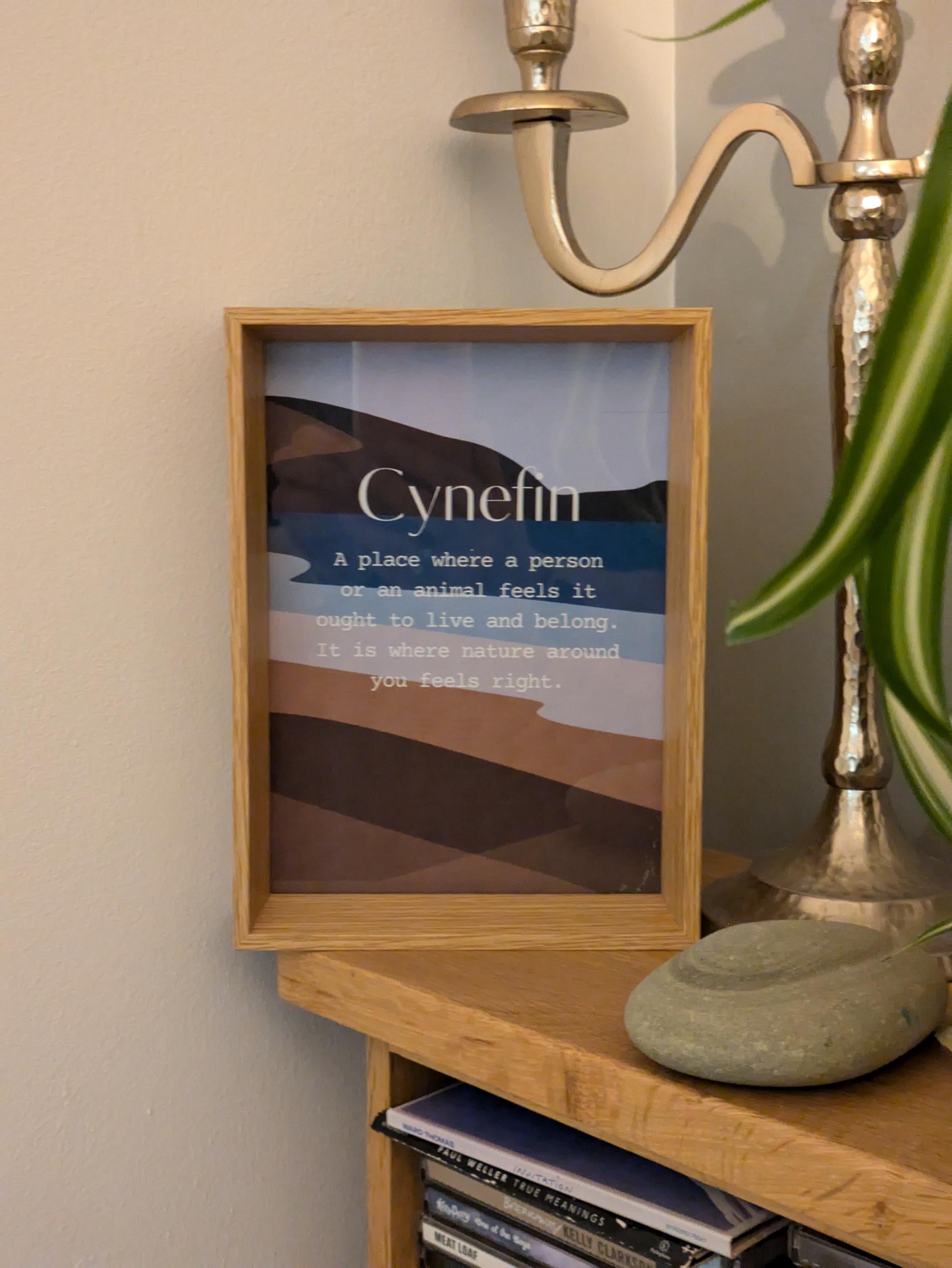 Welsh framed print, wooden frame, definition of Cynefin, designed and made in Wales. Ideal Christmas gift.