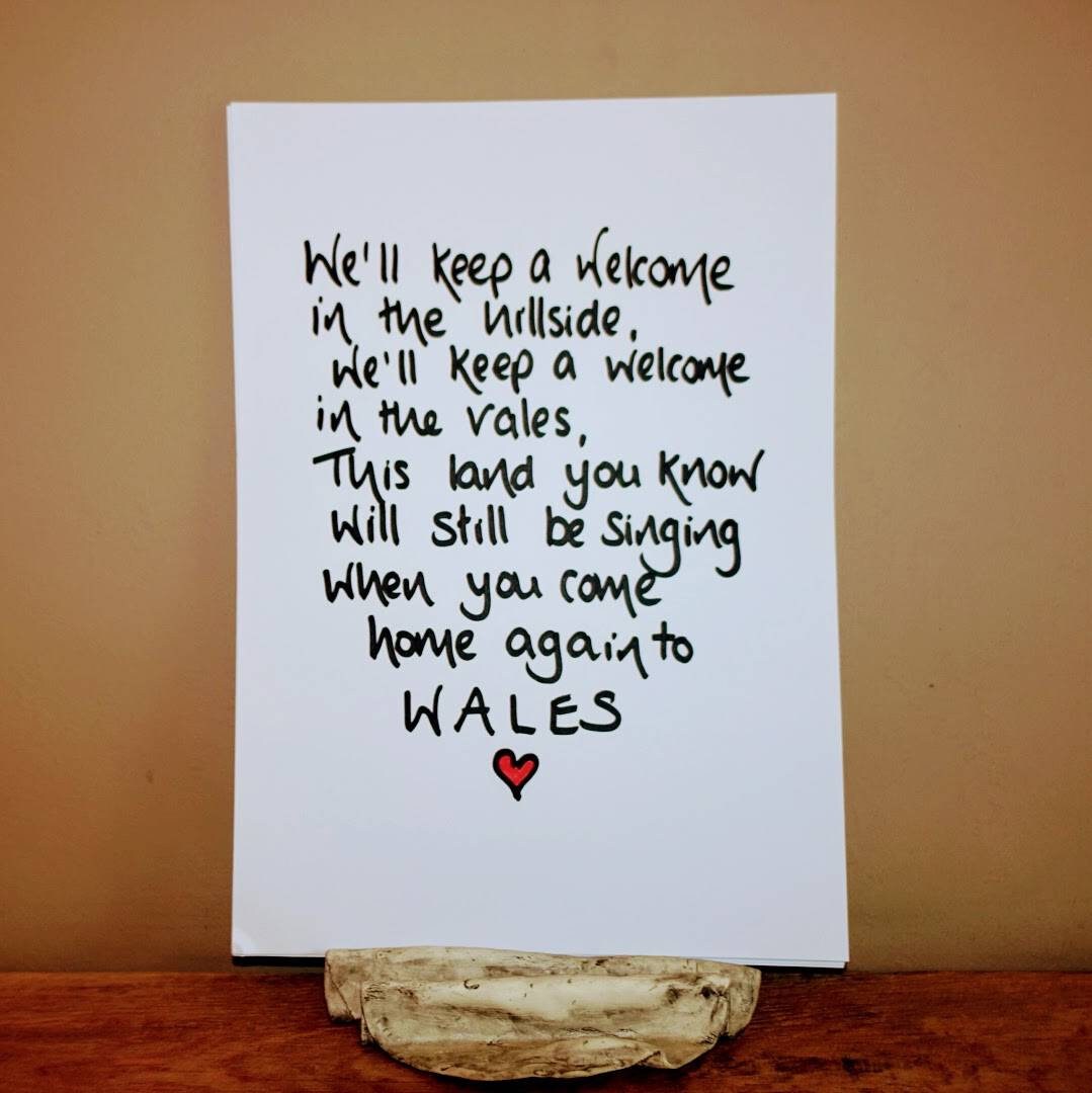 We'll keep a welcome in the hillside print, Handwritten A4 print, PRINT ONLY no frame or mount, Welsh gift, Welsh sayings.