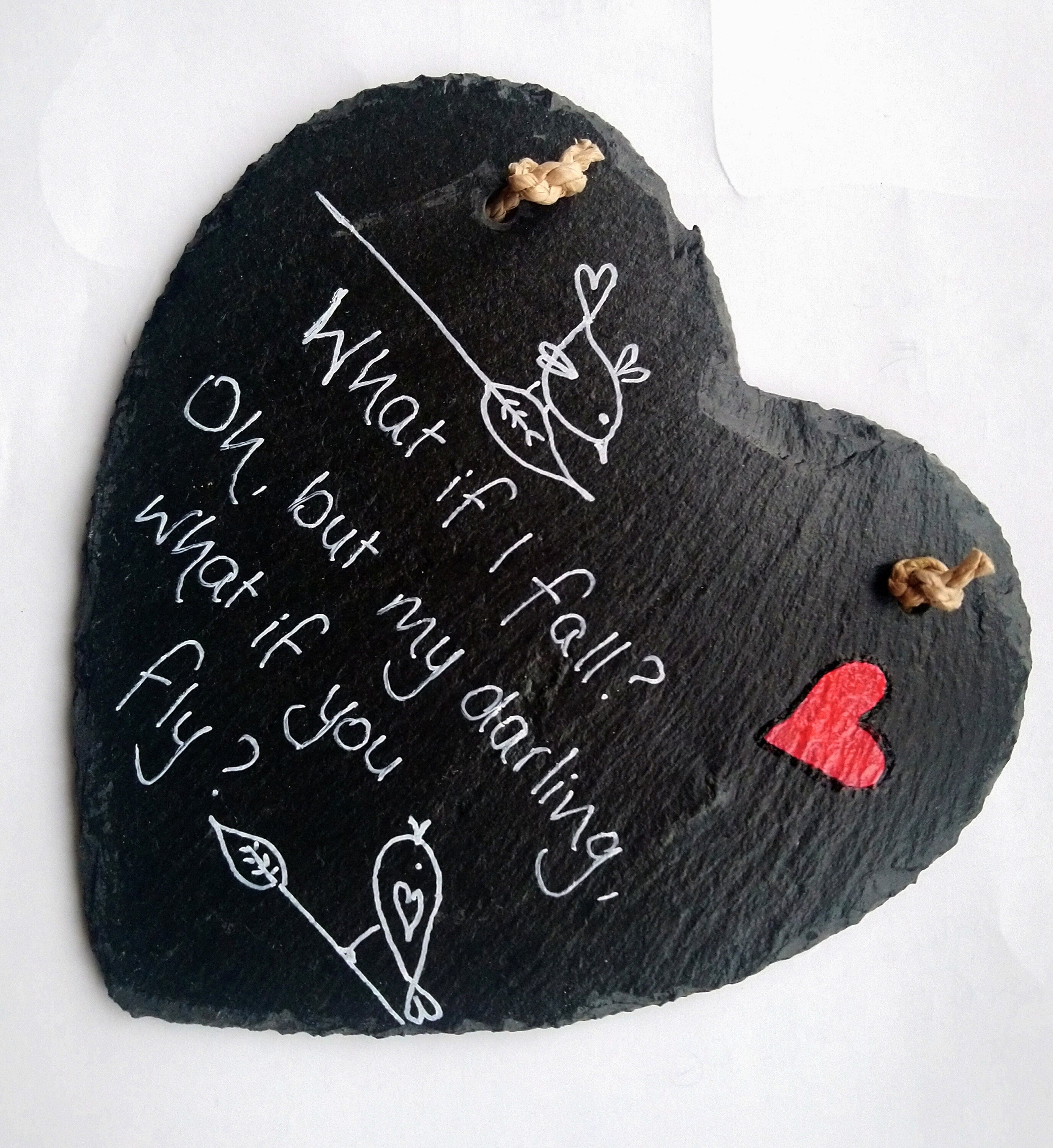 What if I fall? Handpainted 15cm Welsh slate heart, Slate art, Slate heart, hanging slate heart, Welsh gifts, Cymru